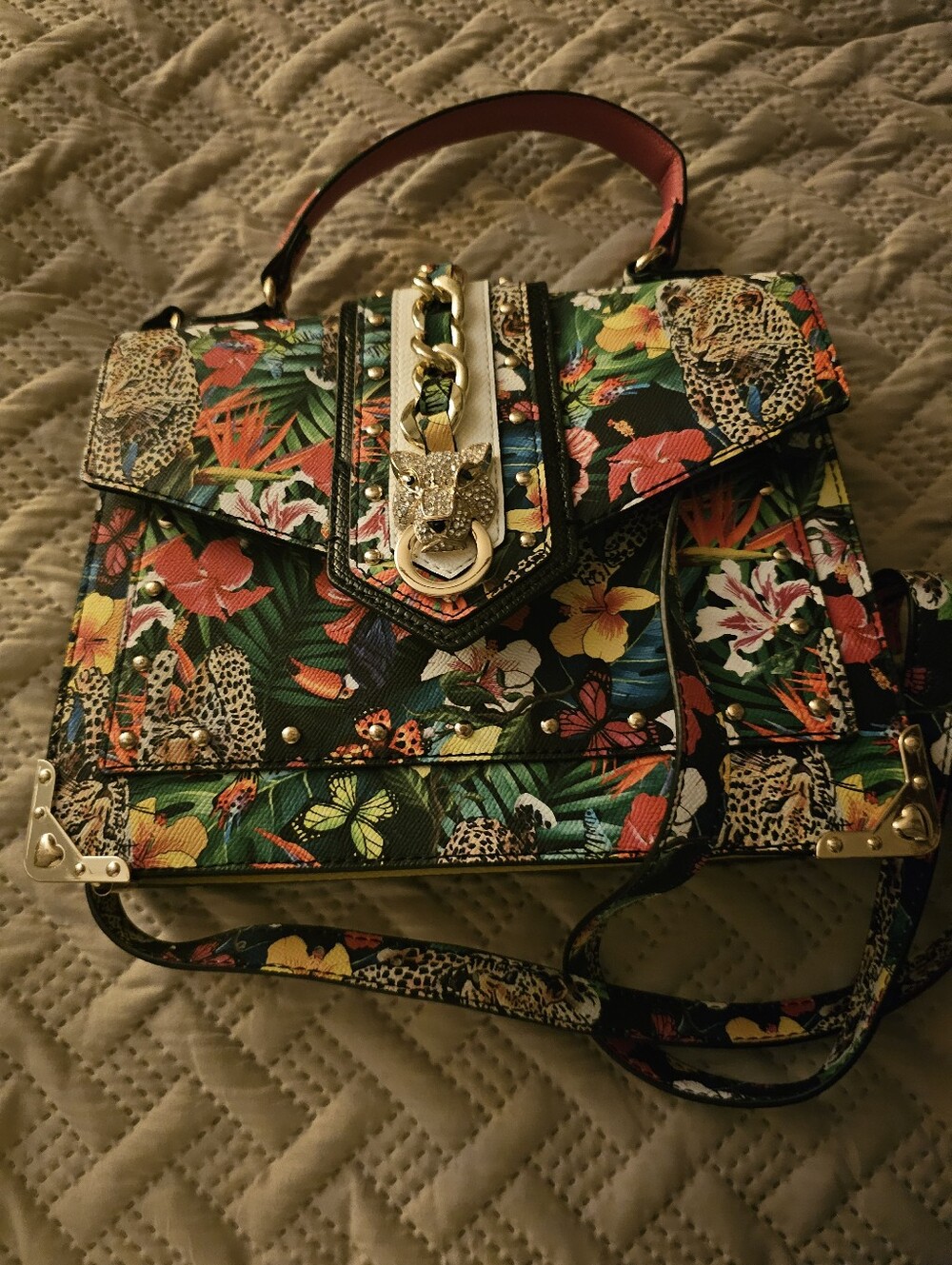 Aldo Floral Leopard Tropical Print Structured Satchel - Green Multi